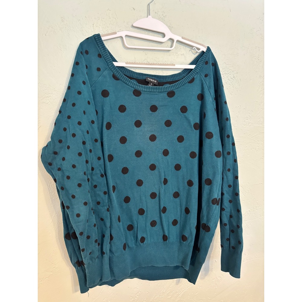 Torrid Teal Blue Black Polka Dot Cotton Sweater Size 3 Plus Scoop Neck Raglan